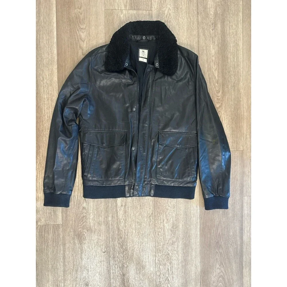 BLK DNM x GAP Mens Medium Black Leather Jacket Detachable Hood Rare (damage)